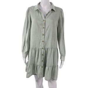 Billy T Women Collared Green Lyocell Shirt Dress Long Sleeve Size M